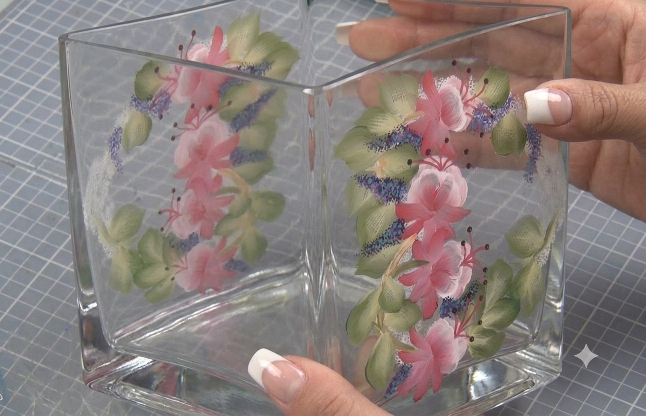 Composición floral terminada con varias flores y hojas pintadas a mano
